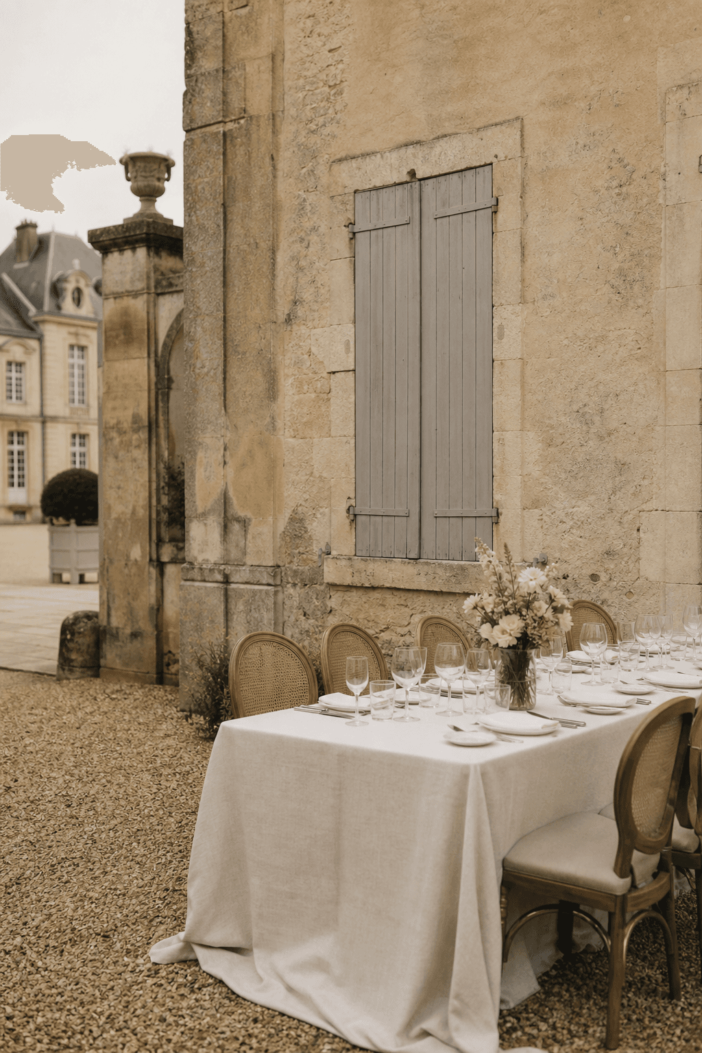Une longue table dressée de lin dans la cour de gravier d'un château français, sous une lumière couverte.