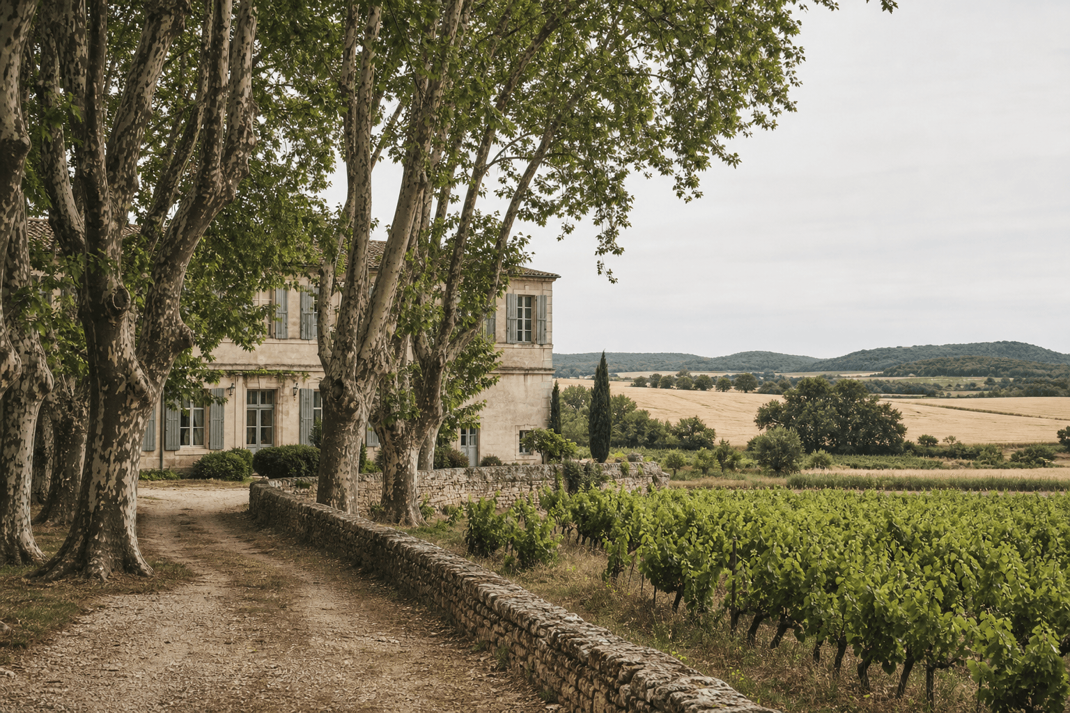 Une allée de platanes devant un manoir de pierre calcaire aux volets gris, vignes et champs de blé au-delà, sous un ciel couvert.
